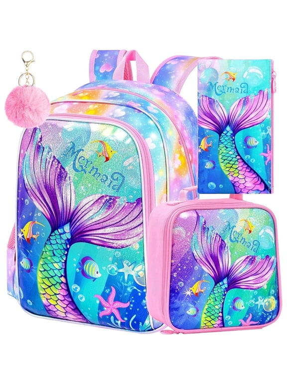 3Pcs Mermaid Backpack for Girls, 16" Kids Bookbag with Lunch BoxSchool Backpacks for Elementary Preschool Kindergarten (Pink)