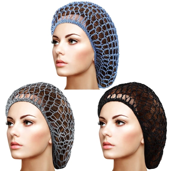 3Pcs Mesh Hair Net Rayon Crochet Hair Nets Knit Snood Hat Crocheted Sleep Cap (Black, Blue, Gray)