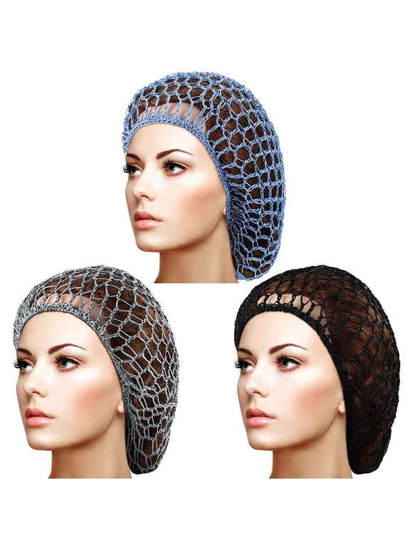 3Pcs Mesh Hair Net Rayon Crochet Hair Nets Knit Snood Hat Crocheted Sleep Cap (Black, Blue, Gray)