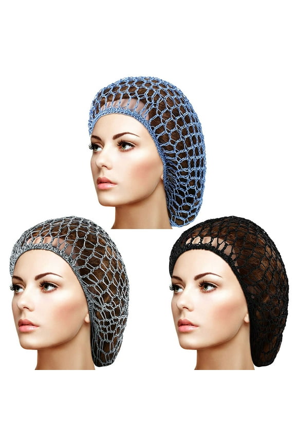 3Pcs Mesh Hair Net Rayon Crochet Hair Nets Knit Snood Hat Crocheted Sleep Cap (Black, Blue, Gray)