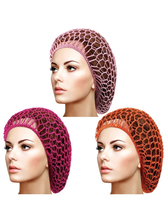 3Pcs Mesh Hair Net Rayon Crochet Hair Nets Knit Snood Hat Crocheted Sleep Cap (Orange,Pink,Rose Red)
