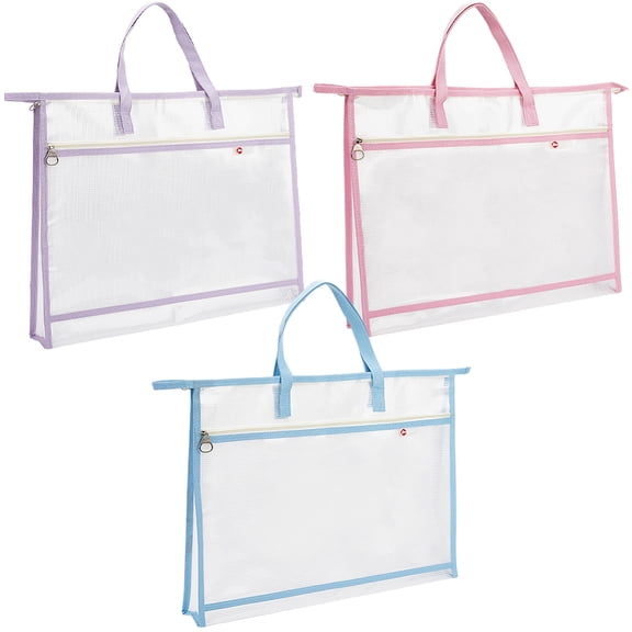 3Pcs Mesh Project Bags with Handles A3 Rectangle 3 Colors PVC Colorful Double Layer Sewing Document File Folder Paper Zipper Pouches diy