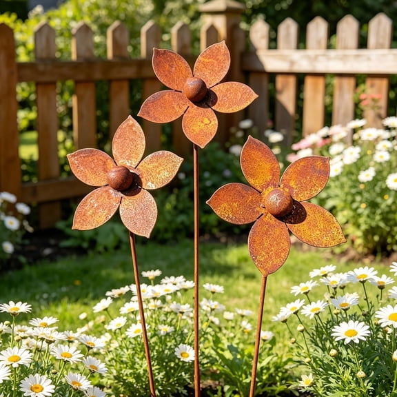 3Pcs Metal Coneflower Garden Stakes Vintage Rust Patina Floral Yard Art For Lawn Patio Flower Bed Pathway(Gold-32Cm)
