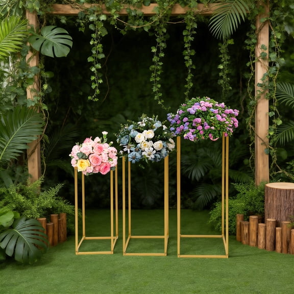 3Pcs Metal Flower Stands, Rectangular Tall Gold Wedding Flower Stand with 3 Different Sizes, Flower Vase Wedding Table Centerpieces Column Geometric Floral Display Holder