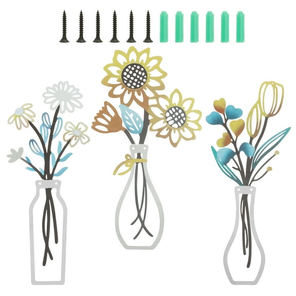 3Pcs Metal Flower Wall Art Set Easy Install Iron Flower Wall Decor Fashion Metal Floral Farmhouse Decoration with Screws for Bedroom Dining Room