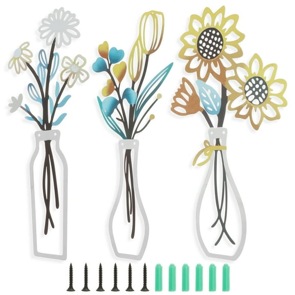 3Pcs Metal Flower Wall Art Set Easy Install Iron Flower Wall Decor Fashion Metal Floral Farmhouse Decoration with Screws for Bedroom Dining Room
