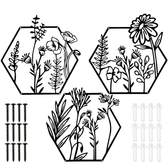 3Pcs Metal Flower Wall Decor Abstract Floral Wall Hanging Decor Minimalist Metal Flower Sculpture Easy to Install Silhouette Art for Living Room Bedroom