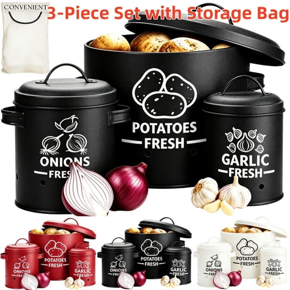 3Pcs Metal Potato, Onion & Garlic Storage Containers with Lids & Air Holes  Stackable, 3 Sizes, Space-Saving for Kitchen Counter, Black