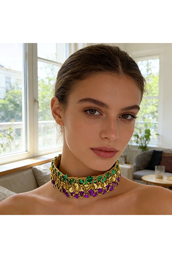 3Pcs Metal Sequin Choker Necklace, Uscallm St. Patrick's Day Sequin Choker Necklace For Women, Metallic Sequin Collar Necklace, Sparkling Fish Scale Choker, Velvet Lining Comfortable Party Necklace,