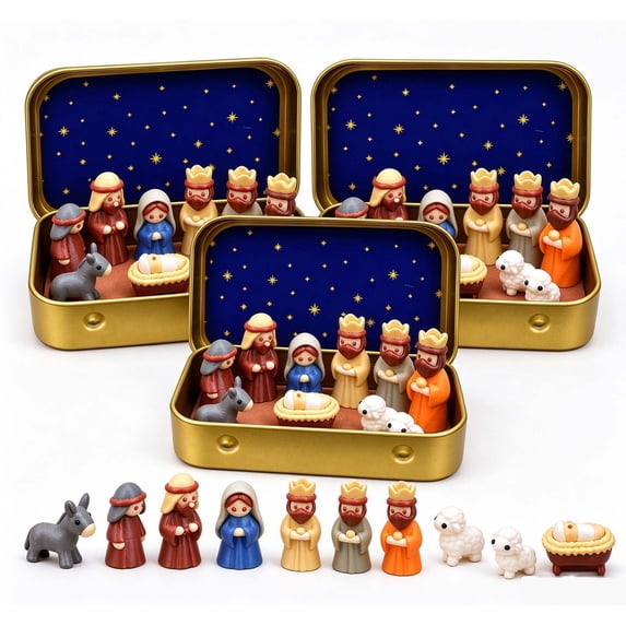 3Pcs Mini Christmas Nativity Set in Tin Box – Mini Holy Family Figurines – Religious Christmas Decor Gift for Family