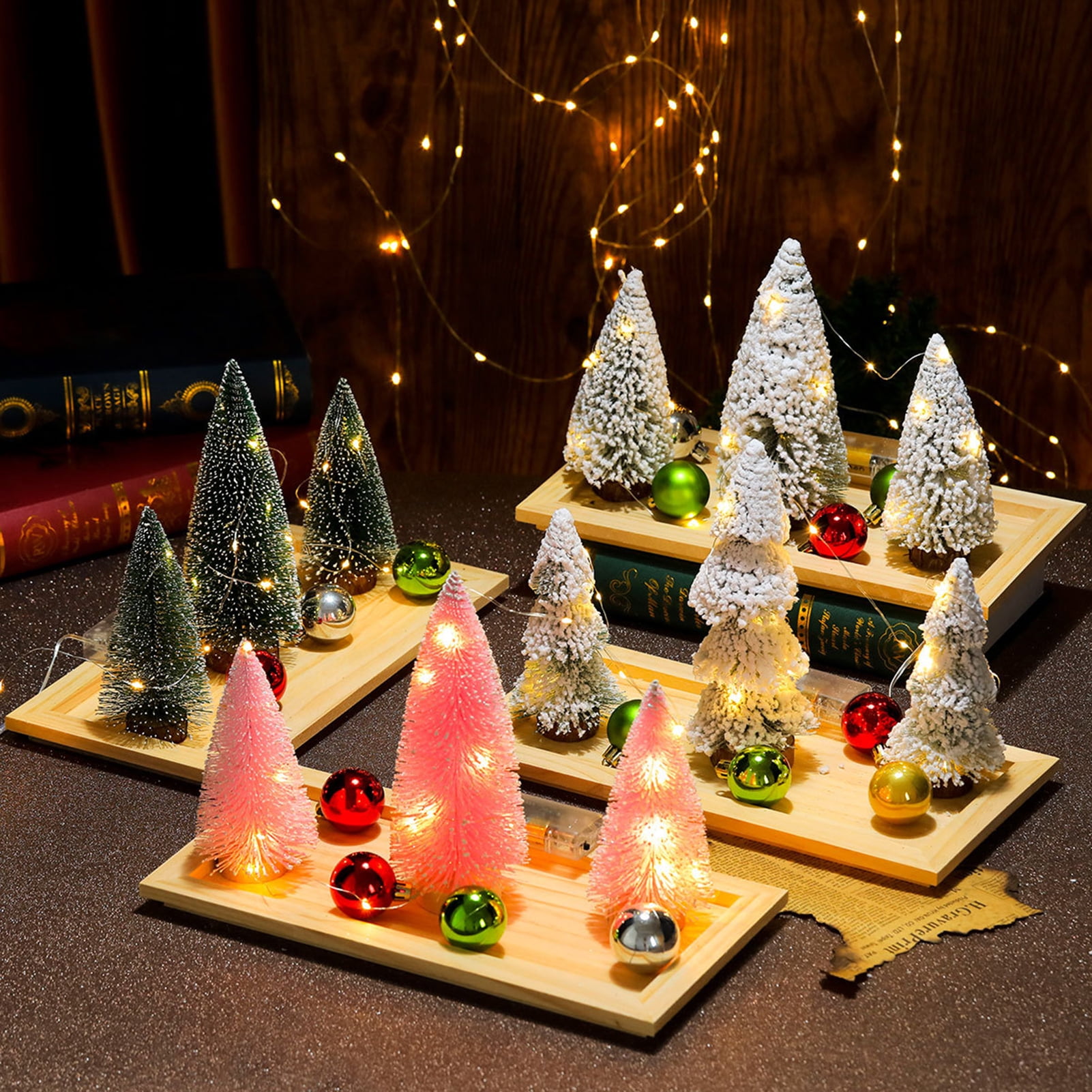 3Pcs Mini Christmas Tree with LED Lights Artificial Snow Flocked Pine