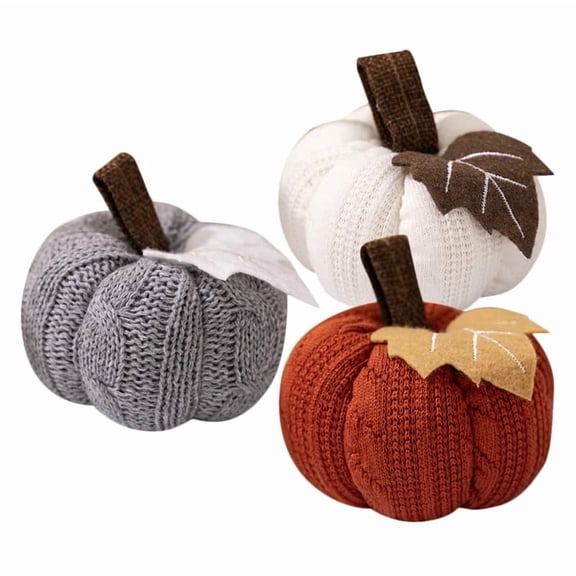 3Pcs Mini Knit Pumpkins Orange Gray White Thanksgiving Decor