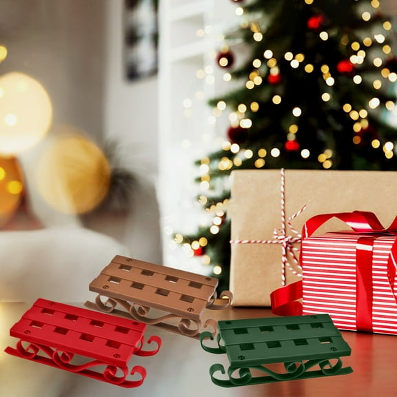 3Pcs Mini Santa Sled Decor Set, Festive Plastic Reindeer Sleds in Red, Green & Brown, Charmings Tabletop Christmas Village Display with Gift Box Accents