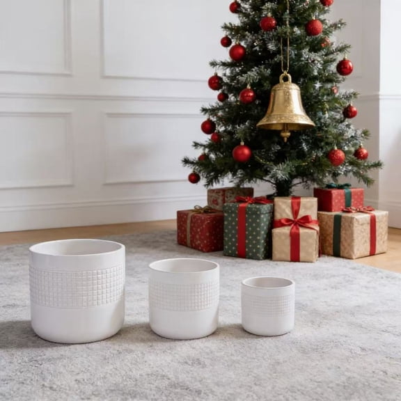 3Pcs Modern Ceramic Planter Set, Grid Pattern Plant Pots with Drainage for Home & Office Decor