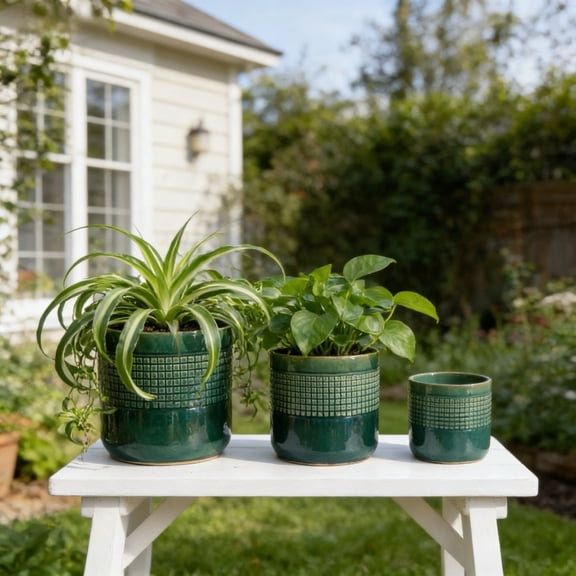 3Pcs Modern Ceramic Planter Set, Grid Pattern Plant Pots with Drainage for Home & Office Decor