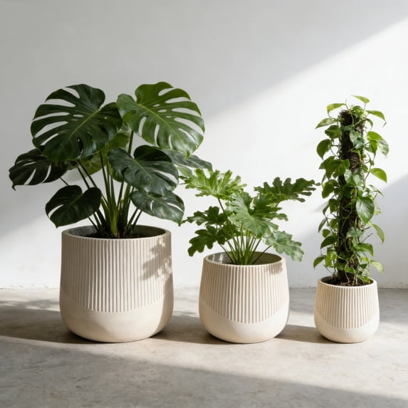 3Pcs Modern Ribbed Round Planter, Lightweight MGO Flower Pots with Drainage Holes, for Indoor Outdoor Use, 9" +13.38" +17.1"