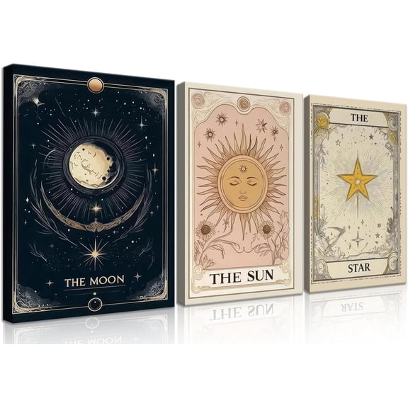 3Pcs Moon Sun Wall Art Tarot Card Vintage Poster Decor Boho Aesthetic Canvas Wall Art Boho Flower Mystical Astrology Painting for Bedroom Bathroom Living Room