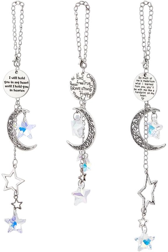 3Pcs Moon and Star Rear View Mirror Accessories Suncatcher Car Hanging Ornaments Colorful Car Mirror Charm Women Glass Alloy Cars Charm