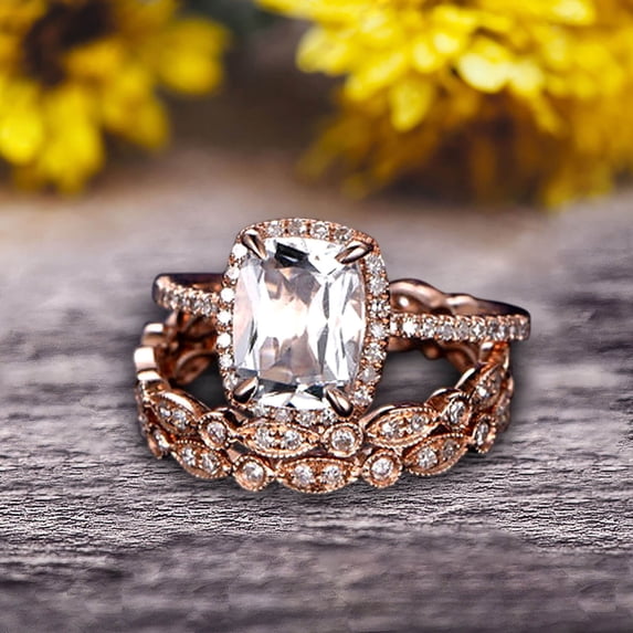 3Pcs Morganite 2 Carat Trio Ring Set Engagement Ring On Solid 10K Rose Gold Full Eternity Ring Art Deco Milgrain Promise Ring