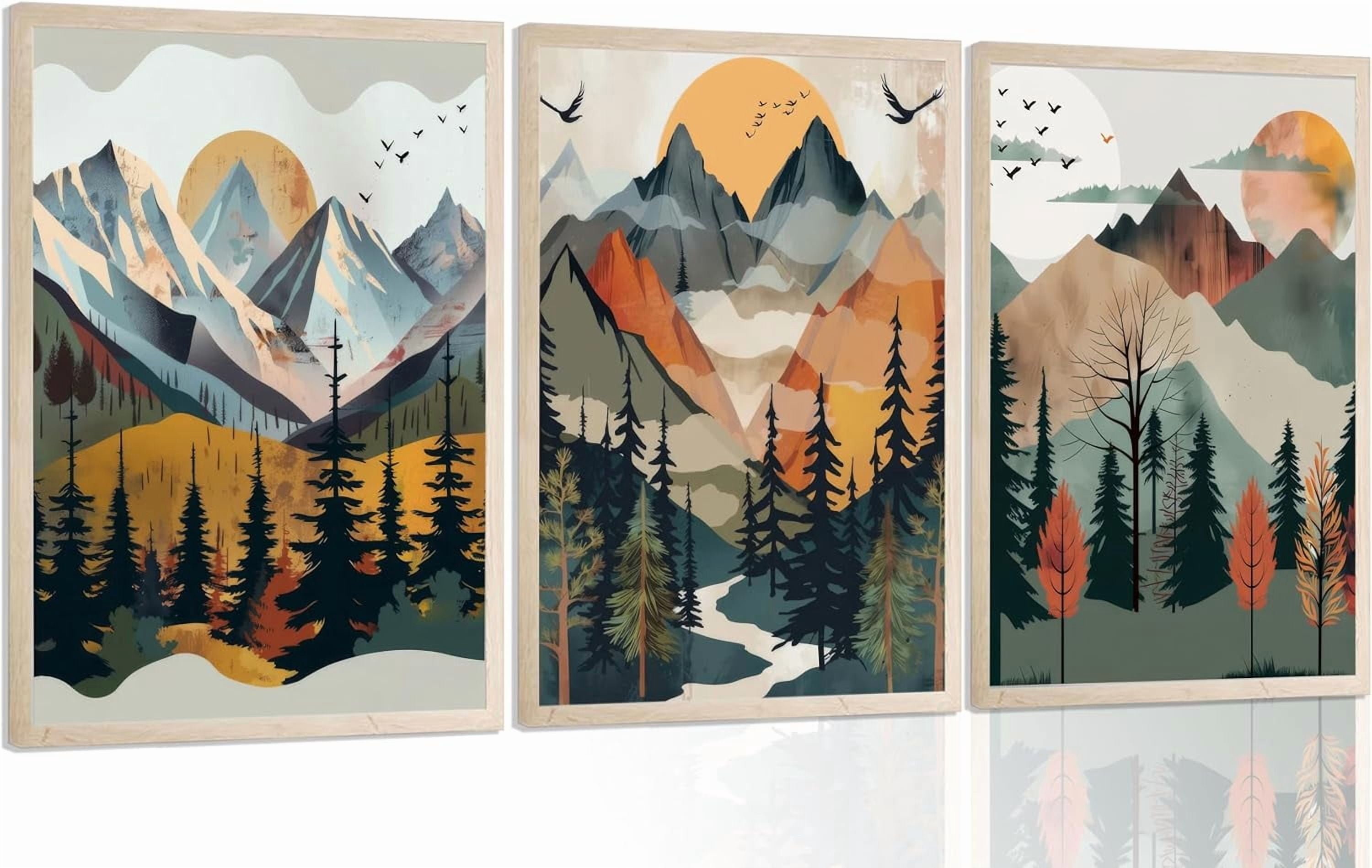 3Pcs Mountain Wall Art Boho Abstract Sunset Canvas Prints Forest ...