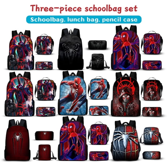 3Pcs Spider Vibrant Printed Backpack Set with Lunch Organizer and Pencil Storage Case for School Travel Daily Use Superhero Hero Web Pattern Print #11