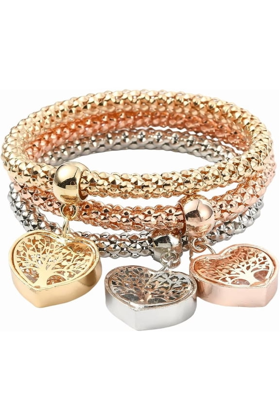 3Pcs Multilayer Stretch Bracelet Tree of Life Bracelets Set Love Heart with Tree Charms Gold Silver Rose Gold Lucky Fashion Multi Layered Jewelry for Women Adults Gifts Birthday Christmas