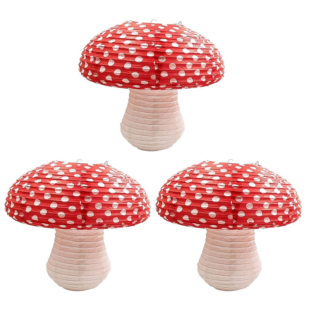 Recardis 3Pcs Mushroom Shaped Paper Lanterns 3D Mushroom Ornament Birthday Party Decor
