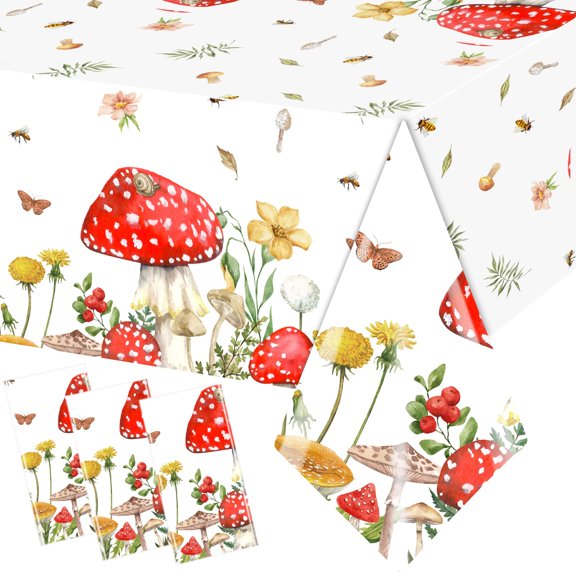 3Pcs Mushroom Tablecloth Enchanted Forest Rectangle Plastic Fairy Tale Table Decor Woodland Party Cloths