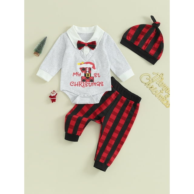 3Pcs My First Christmas Clothes Infant Baby Boy Christmas Outfit