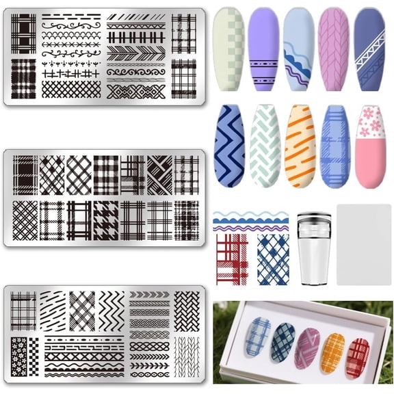 3Pcs Nail Stamp Plates Set Lattice Texture Nail Stamping Plate Texture Image Nail Stencils Plaid Argyle Pattern Nail Art Stamping Template with Nail Scraper for Women Nail Design Tools