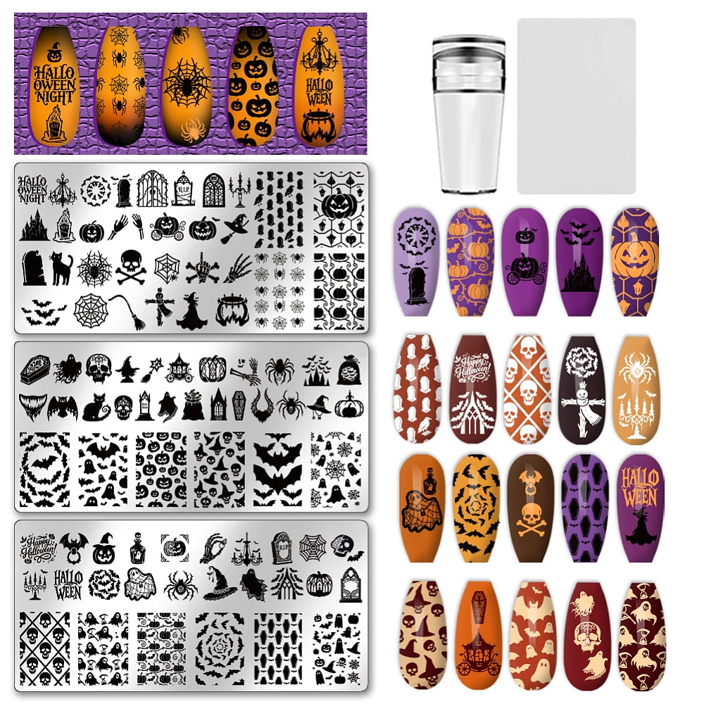 Triangular Nails Pattern Stamp 3Pcs Nail Stamp Plates Set Thrill Pattern Bat Spider Nail Stamping ...