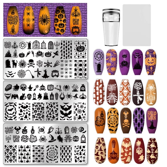 3Pcs Nail Stamp Plates Set Thrill Pattern Bat Spider Nail Stamping Plate Pumpkin Nails Art Stamping Template for Manicure Salon Nails Design