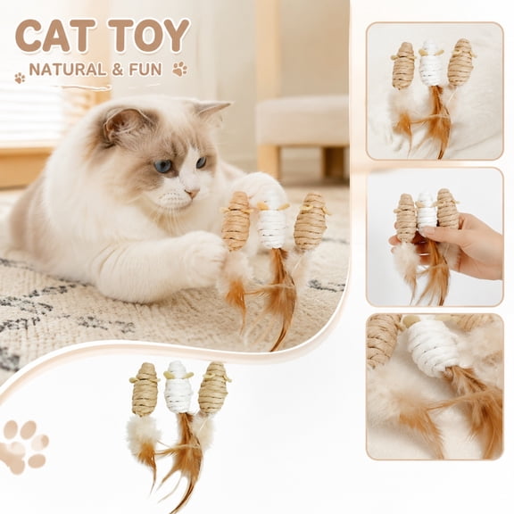 3Pcs Natural Paper Rope Cat Mouse Toy with Feather Tail, Durable Woven Kitten Chew Toy for Teeth Cleaning, Interactive Catching Hunting Prop & Boredom Relief for Indoor Cats