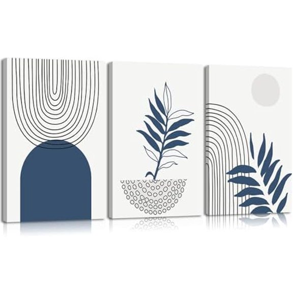 3Pcs Navy Blue Boho Canvas Wall Art Abstract Bohemian Poster Print Geometric Botanical Lines Picture Minimalist Mid-Century Modern Painting Wall Decor for Bathroom Bedroom Office 16x24in Framed