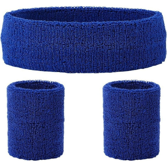 3Pcs Neon Athletic Bands Sports Headband Wristband Set Sports Competitions Sweatbands Breathable Terry Cloth Wicking Sweat Absorbing Head Wrist Band for Men Women (Midnight Blue) Golden