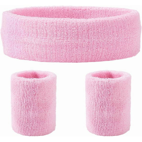 3Pcs Neon Sports Headband Wristband Set Athletic Bands Wicking Sweat Absorbing Head Wrist Band Sports Competitions Sweatbands Breathable Terry Cloth for Men Women (Pearl Pink) for DIY