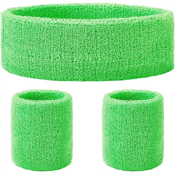 3Pcs Neon Sports Headband Wristband Set Sports Competitions Sweatbands Breathable Terry Cloth Athletic Bands Wicking Sweat Absorbing Head Wrist Band for Men Women (Lime Green)
