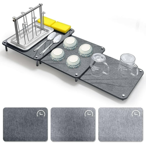 3Pcs Nesting Stone Drying Mat for Kitchen Counter, Quick Drying Stone Dish Drying Mat with Non-Slip Feet, Super Absorbent Heat Resistant Diatomaceous Earth Dish Drying Mat for Dishes, Bottles-Curve