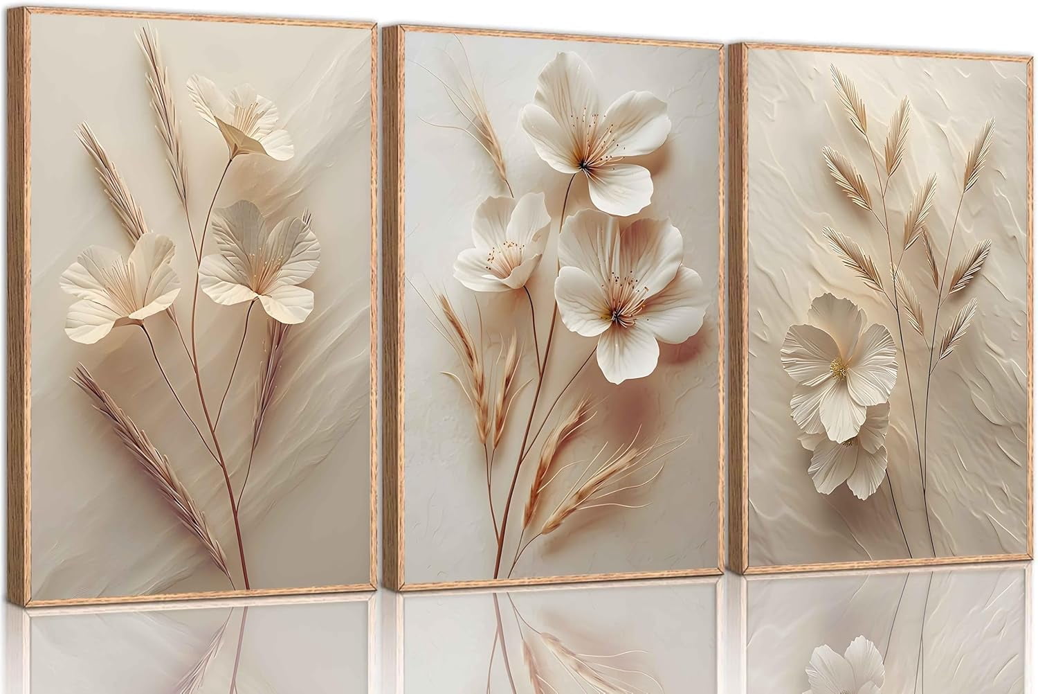 3Pcs Neutral Beige Floral Botanical Canvas Wall Art Modern Simple ...