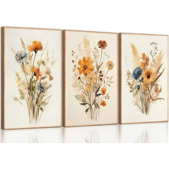 3Pcs Neutral Beige Floral Plant Canvas Wall art Textured Flower Botanical Painting Picture Wall Decor Vintage Blossom Poster Prints for Living Room Bedroom Bathroom Decoration