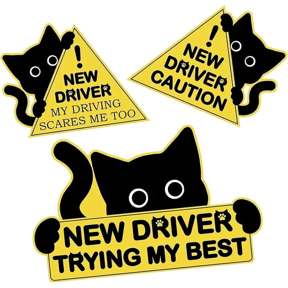 3Pcs New Driver Reflective Sticker Set, Funny Cat Car Decals, Student Driver Safety Signs, Please Be Patient Gift for Teens Getting Driver License