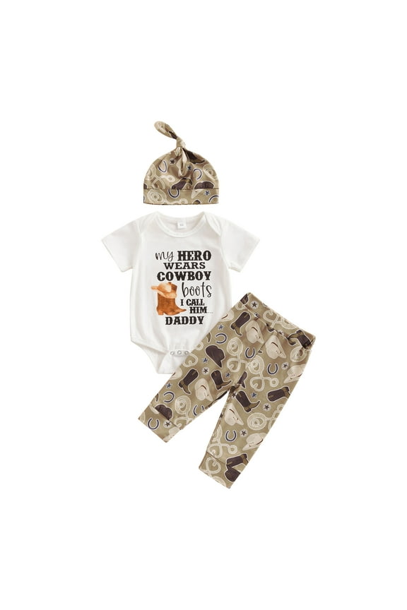 3Pcs Newborn Baby Boy Pants Outfit Western Clothes Set Short Sleeve Cow Print Oneise Romper Jogger Pants with Hat