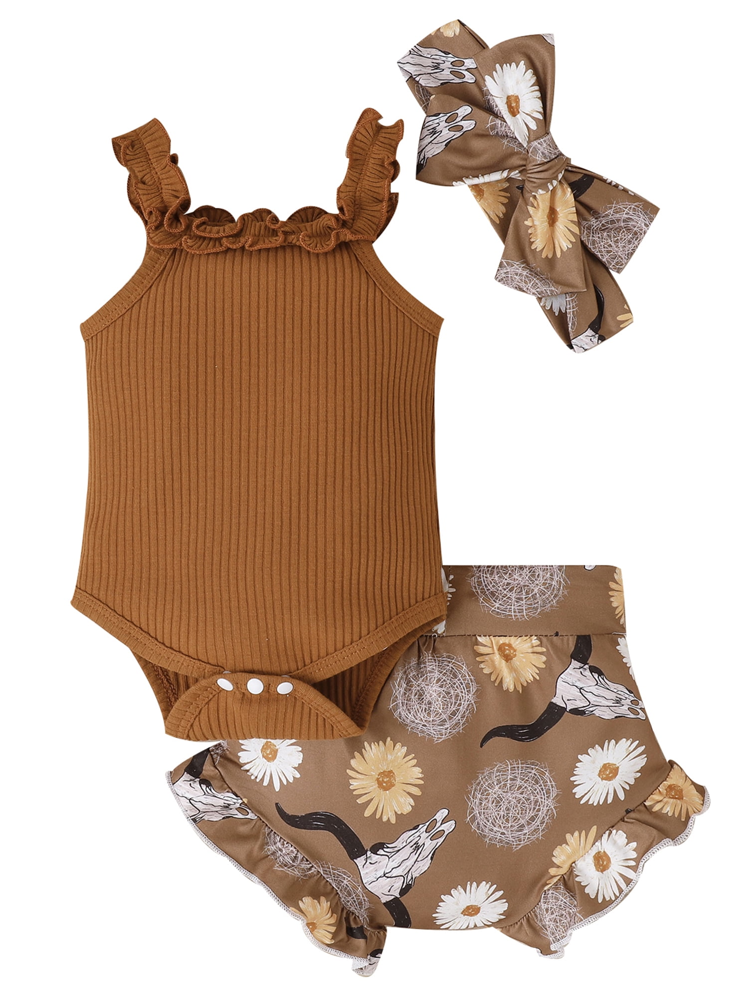 3Pcs Newborn Baby Girl Western Outfits Sleeveless Ribbed Knit Romper