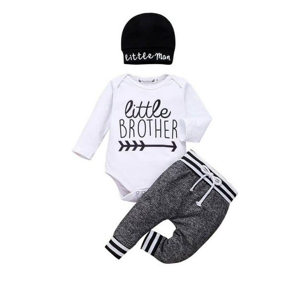 3Pcs Newborn Infant Baby Boy Little Brother Long Sleeve Romper Pant Beanie Hat Outfits Clothes