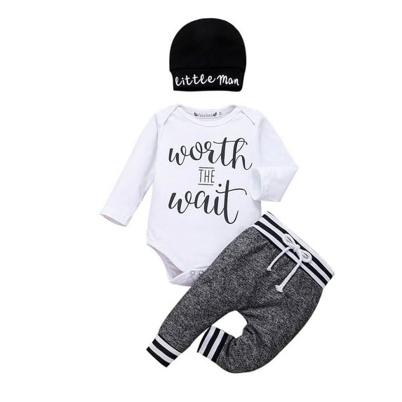 3Pcs Newborn Infant Baby Boy Little Brother Long Sleeve Romper Pant Beanie Hat Outfits Clothes