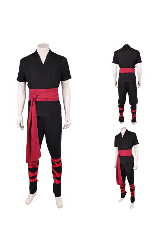 3Pcs Ninja Role Play Set, Ninja Outfit, Traditional Ninja Combat Attire, Ninja Masquerade Fancy Dress, Ninja Costume, Black Short Sleeve Martial Arts Fighter Cosplay Outfit With Red Wrap Sash, S