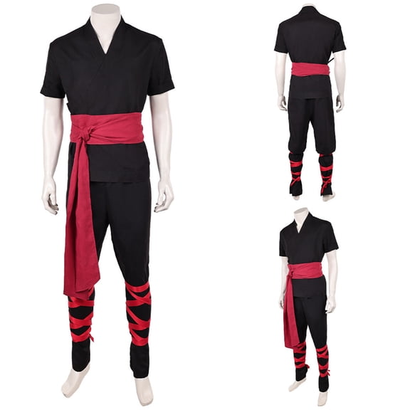 3Pcs Ninja Role Play Set, Ninja Outfit, Traditional Ninja Combat Attire, Ninja Masquerade Fancy Dress, Ninja Costume, Black Short Sleeve Martial Arts Fighter Cosplay Outfit With Red Wrap Sash, S