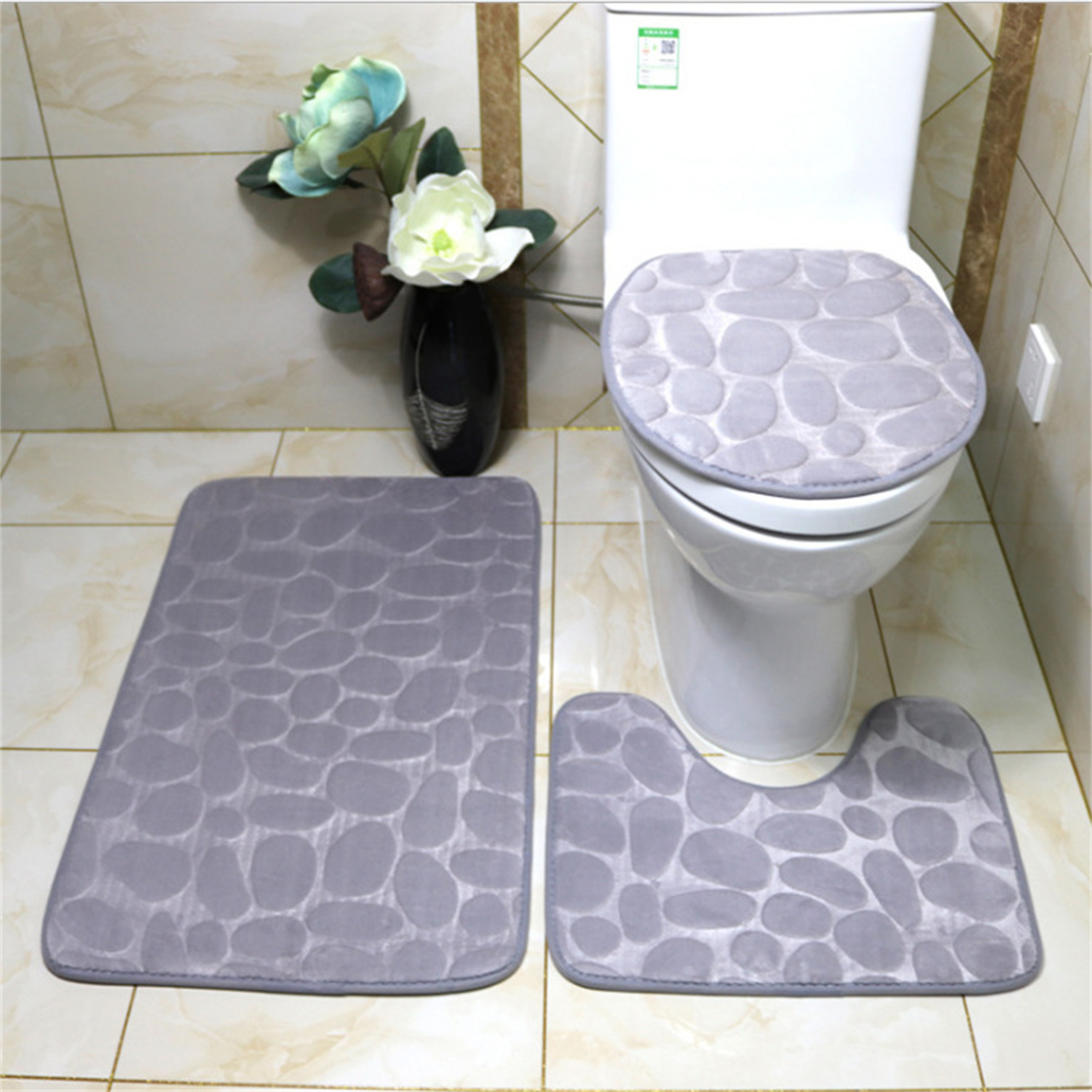 3Pcs NonSlip Bath Mat Bathroom Carpets Set Soft Cobblestone Pattern