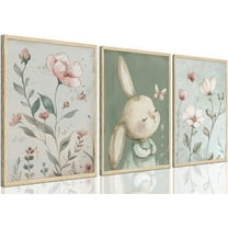 3Pcs Nursery Bunny Canvas Wall Art Cute Rabbit Botanical Flowers Wall Decor Green Nursery Pictures Posters Girl Bedroom Prints for Girls Room Baby Room Paintings