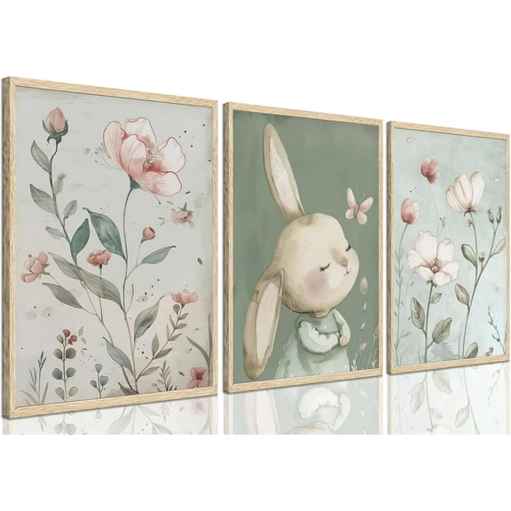 3Pcs Nursery Bunny Canvas Wall Art Cute Rabbit Botanical Flowers Wall Decor Green Nursery Pictures Posters Girl Bedroom Prints for Girls Room Baby Room Paintings